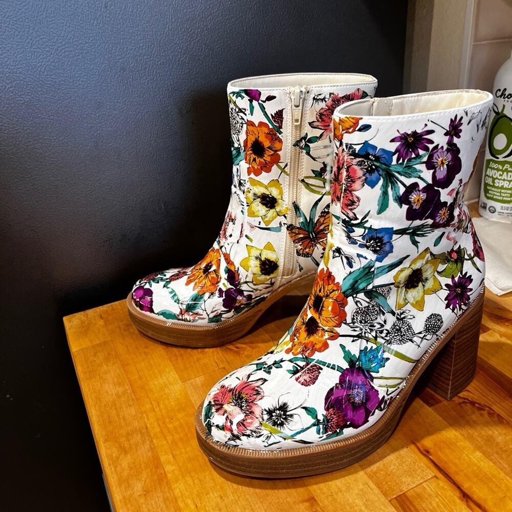 Unique custom floral foiled distressed look mid calf heeled ankle boots size 7 - Picture 2 of 11